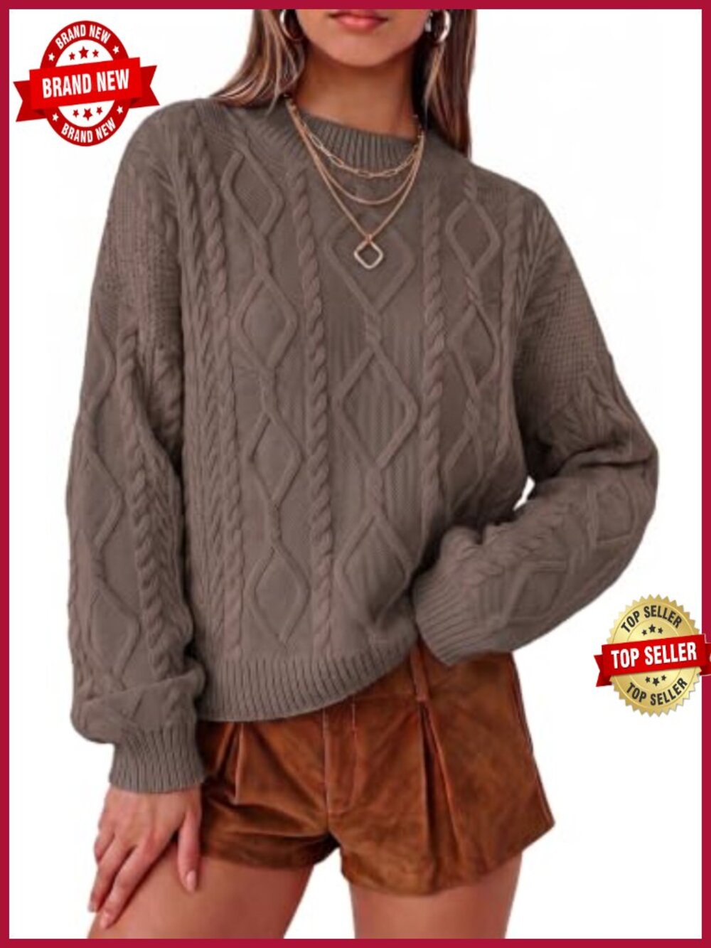 Oversized Cropped Cable Knit Cotton Sweater Long Sleeve Crew Neck Pullover